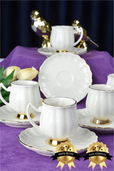 Farika Porselen Lale 12 Parça 6 Kişilik Altın Yaldız Kahve Fincan Takımı