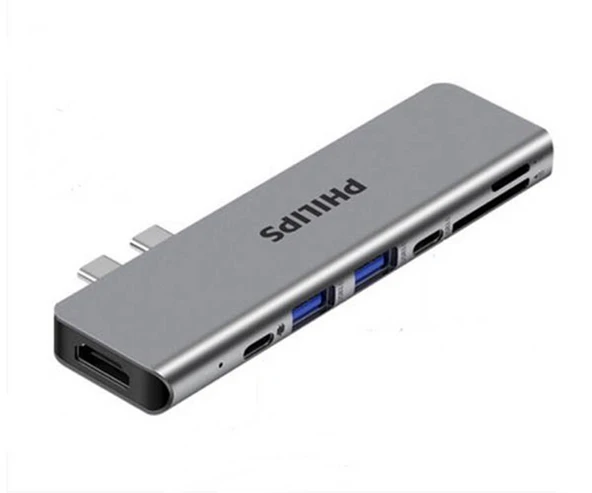 Philips 7 İn 1 Çift Type C Gişirli Çevirici 4K hdmi 100w Pd Usb 3.0*2 - Kart Okuyucu