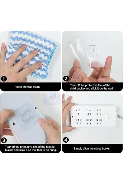 Çift Taraflı Yapışkanlı Geçmeli Klips 10 Adet Eşya Sabitleme Askısı Şeffaf Duvar Kanca - 5