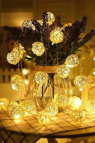 Rattan 20 Top Led Işık 2 Mt - 20 Adet Örgü Işık Topu Pilli 2 Metre Gün Işığı 2 Kademe - 2