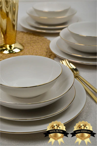 Farika Porselen Şems 24 Parça 6 Kişilik Altın Yaldız Porselen Yemek Takımı