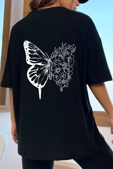 Unisex Drawing Butterflies Tasarım T-shirt - Resim 7