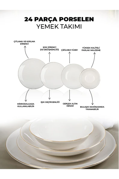 Farika Porselen Şems 24 Parça 6 Kişilik Altın Yaldız Porselen Yemek Takımı - 4