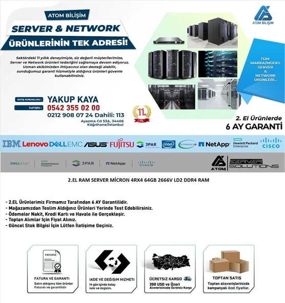 2,EL RAM SERVER 64GB SAMSUNG HYNİX VB 2666V LD2-11 4RX4 DDR4 RAM - 2