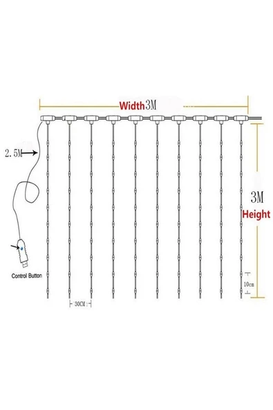 Perde Led 3x3m Askı Aparatlı Kumandalı 8 Fonksıyonlu 300 Ledli 10 Sarkıtlı Usb Girişli - 5