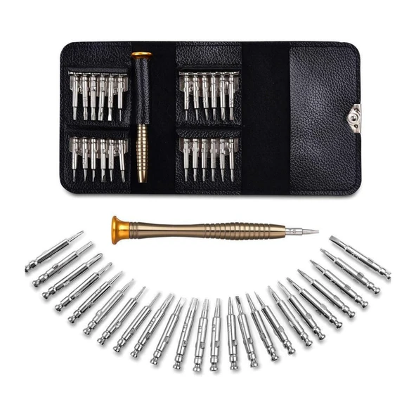 Mıknatıslı Saatçi Tornavida 25 'li Set Tork Yıldız Düz Üçgen İnce uç Küçük Vida Tornavidası Çantalı - Resim 7