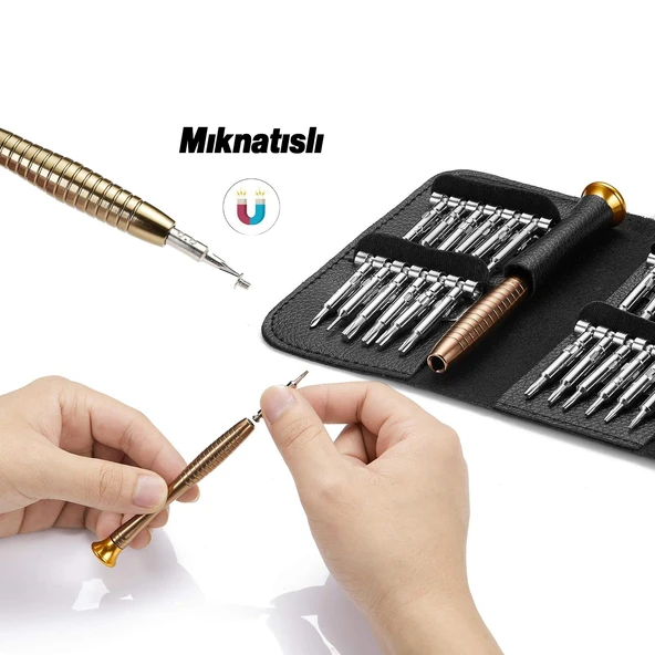 Mıknatıslı Saatçi Tornavida 25 'li Set Tork Yıldız Düz Üçgen İnce uç Küçük Vida Tornavidası Çantalı - Resim 5