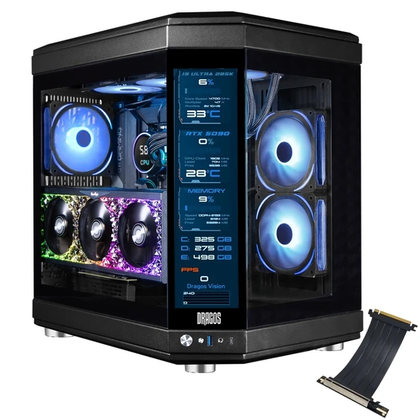 Dragos North Evo Vision Plus LCD PCIe 4.0 Riser 7x ARGB Fan Type C Mid Tower Temperli Cam Gaming Kasa Siyah