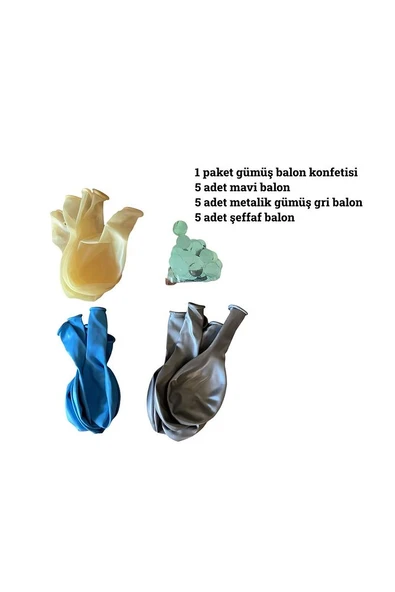 15li Gümüş Konfetili 5 Şeffaf Balon 5 Makaron Mavi 5 Metalik Gri Balon Seti - 2