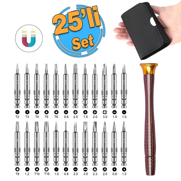 Mıknatıslı Saatçi Tornavida 25 'li Set Tork Yıldız Düz Üçgen İnce uç Küçük Vida Tornavidası Çantalı ürün görseli