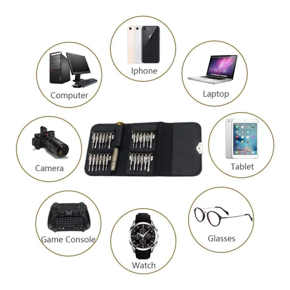 Mıknatıslı Saatçi Tornavida 25 'li Set Tork Yıldız Düz Üçgen İnce uç Küçük Vida Tornavidası Çantalı - Resim 2