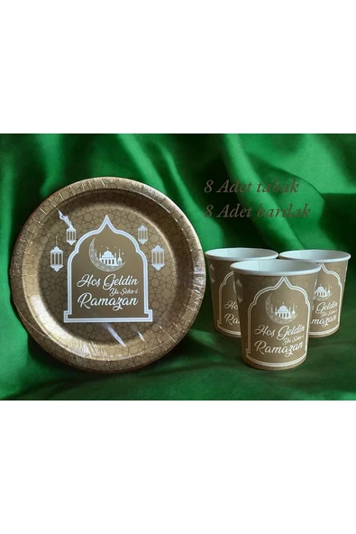 Hoşgeldin Ramazan Gold 8 Kişilik Tabak 8 Adet Bardak Gold Seri Set