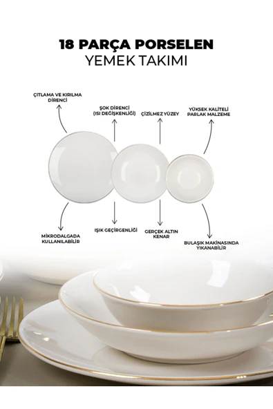 Farika Porselen Şems 18 Parça 6 Kişilik Altın Yaldız Porselen Yemek Takımı - 4
