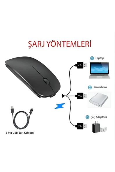 anaway shopping Sessiz Tıklama Şarjlı Çift Modlu Bluetooth Kablosuz 2.4Ghz Siyah Mouse - 4
