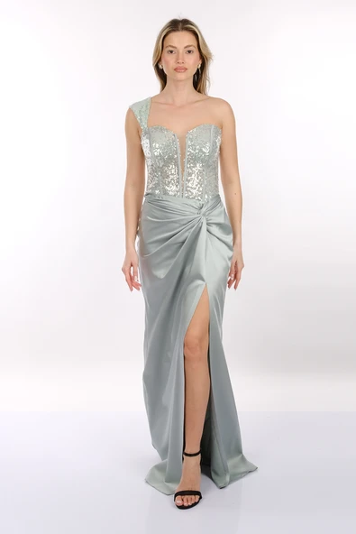 Ankyra Kadın Tek Omuzlu Korsajlı Abiye Elbise 24Y1211 - Resim 16