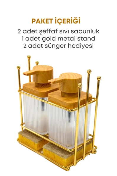 Ahşap Desenli Altın Gold Metal Standlı Bulaşık Deterjanı Sıvı Sabunluk Mutfak Seti-Sünger - 2