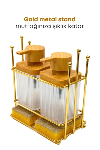 Ahşap Desenli Altın Gold Metal Standlı Bulaşık Deterjanı Sıvı Sabunluk Mutfak Seti-Sünger - 4