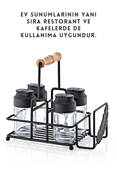 Metal Standlı Peçetelikli Islak Mendil Bölmeli 4'lü Çift Kapaklı Cam Restoran Kafe Baharatlık Seti - 2