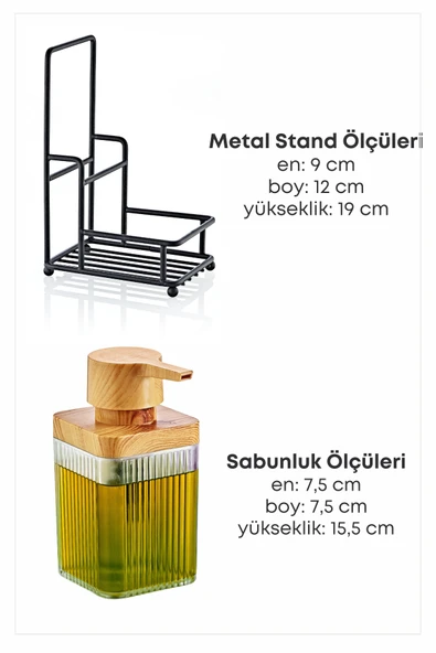 Metal Standlı Süngerli Tekli Şeffaf Ahşap Akrilik Bulaşık Deterjanı Sıvı Sabunluk -Bez Askılığı - 2