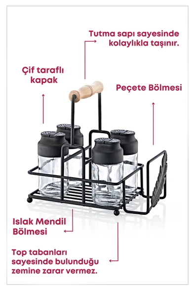 Metal Standlı Peçetelikli Islak Mendil Bölmeli 4'lü Çift Kapaklı Cam Restoran Kafe Baharatlık Seti - 3