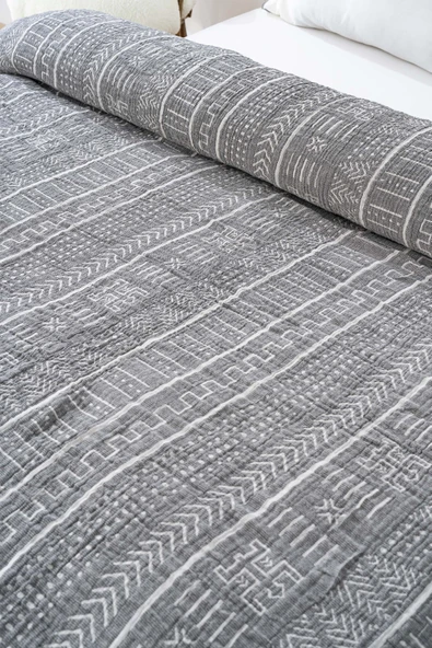 Rivaİstanbul Etno Antrasit Çift Kişilik %100 Pamuklu Müslin Pike & Yatak Örtüsü - Resim 3