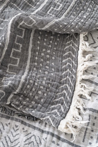 Rivaİstanbul Etno Antrasit Çift Kişilik %100 Pamuklu Müslin Pike & Yatak Örtüsü - Resim 4