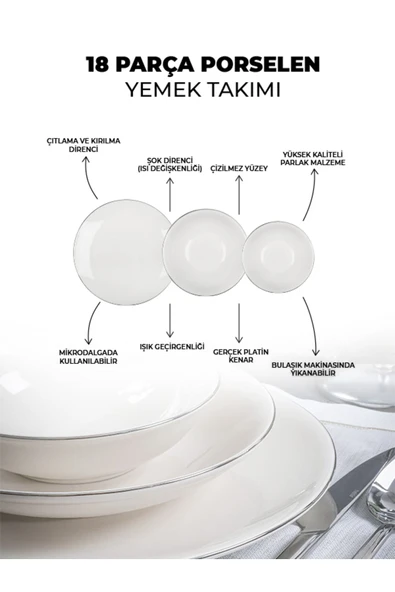 Farika Porselen Şems 18 Parça 6 Kişilik Platin Yaldız Porselen Yemek Takımı - 2