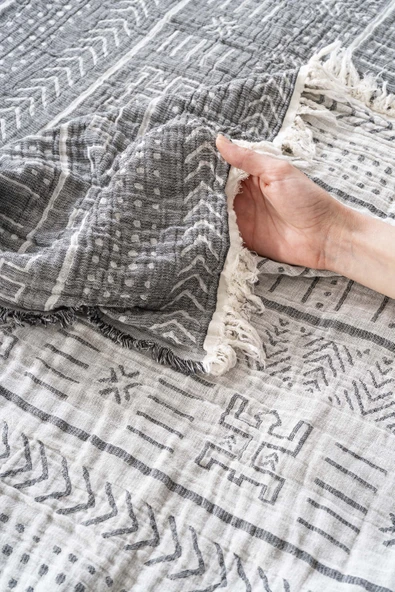 Rivaİstanbul Etno Antrasit Çift Kişilik %100 Pamuklu Müslin Pike & Yatak Örtüsü - Resim 5