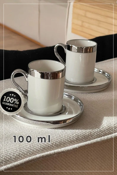 Gümüş Yaldızlı 6 Kişilik Porselen Fincan Seti 12 Parça Türk Kahvesi Takımı Kahve Fincanı 100 Ml - 3