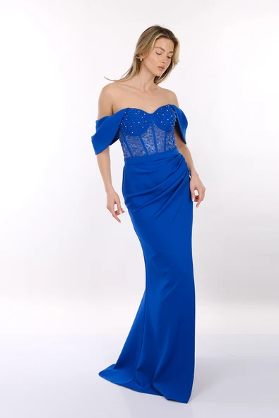 Ankyra Kadın Düşük Kol Göğüs Taşlı Korsajlı Balık Kesim Abiye Elbise 23Y1601 - 7