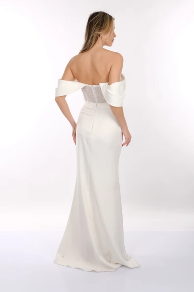 Ankyra Kadın Düşük Kol Göğüs Taşlı Korsajlı Balık Kesim Abiye Elbise 23Y1601 - 6