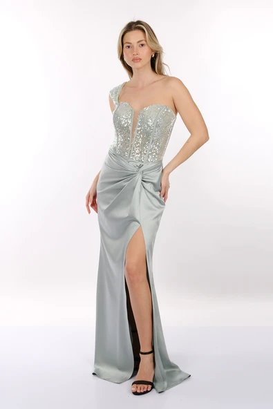 Ankyra Kadın Tek Omuzlu Korsajlı Abiye Elbise 24Y1211 - Resim 13