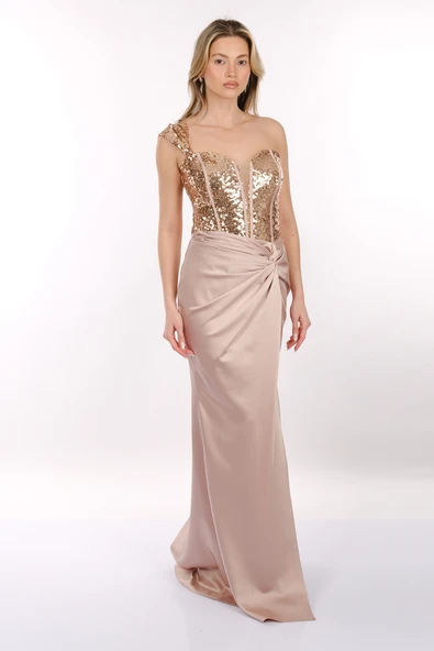 Ankyra Kadın Tek Omuzlu Korsajlı Abiye Elbise 24Y1211 - Resim 19