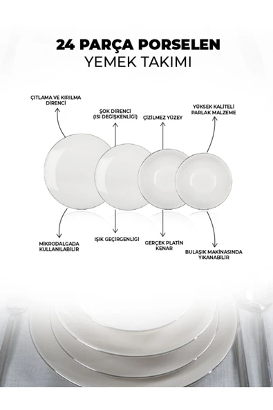 Farika Porselen Şems 24 Parça 6 Kişilik Platin Yaldız Porselen Yemek Takımı - 3