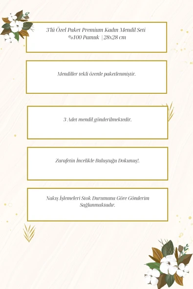 3’lü Özel Paket Premium Kadın İşlemeli Mendil Seti %100 Pamuk 28x28 Cm - 5
