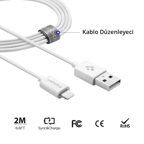 (OUTLET) Spigen Essential Lightning to USB-A (2 Metre) Şarj/Data Kablosu MFI Lisanslı C20LS White - 000CB24457