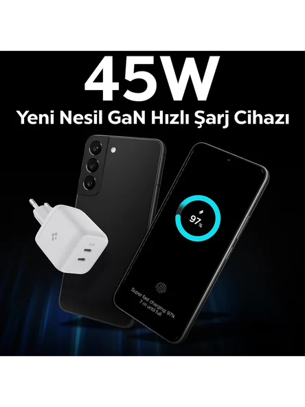 Spigen 45W USB-C 2 Port Mini Hızlı Şarj Aleti Samsung PPS 2.0 / Isı Düşürücü GaN Destekli Akım Korumalı Güç Adaptörü iPhone & Android & iPad & MacBook Type-C - ACH03717 - 3