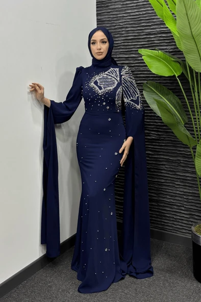 25Y4961 HENNİN ABİYE KOL PELERİNLİ ETEK BONCUK İŞLEMELİ