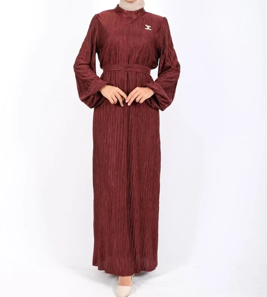 25Y61108 ELBİSE BRONŞLU PİLİSELİ BEL KUŞAKLI
