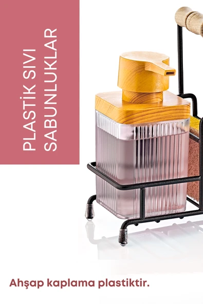 Metal Standlı Şeffaf Ahşap Detaylı Çamaşır Suyu ve Sıvı Sabunluk Banyo Seti-Sünger Hediyeli - 2