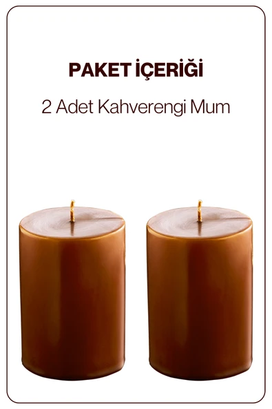2 Adet Silindir Dekoratif Kokusuz Kahverengi Mum- Hediyelik Blok Mum - 3