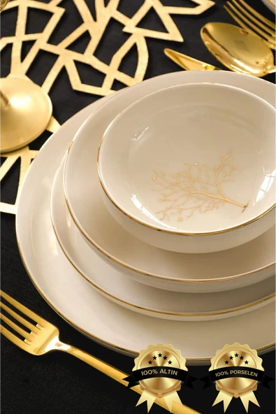 Farika Porselen Hayat Ağacı 24 Parça 6 Kişilik Altın Yaldız Porselen Yemek Takımı
