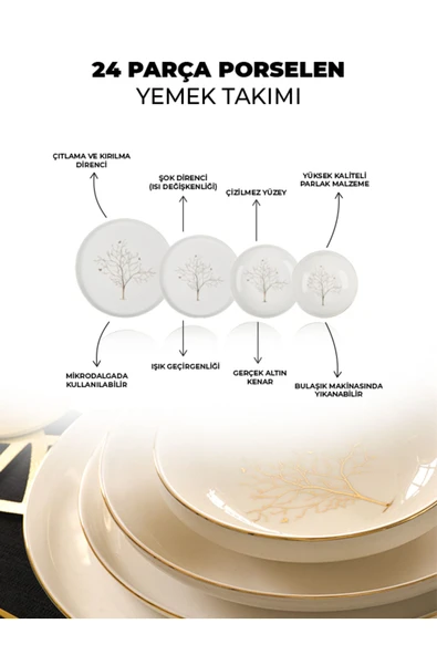 Farika Porselen Hayat Ağacı 24 Parça 6 Kişilik Altın Yaldız Porselen Yemek Takımı - 2