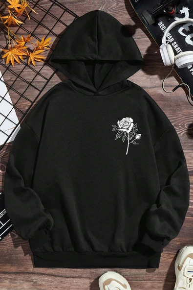 White Rose Baskılı Erkek - Kız Çocuk Rahat Kalıp Sweatshirt - Resim 2