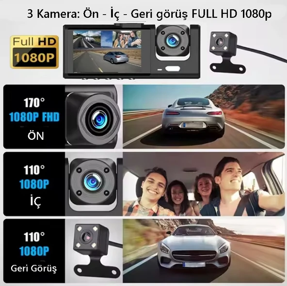 S-1 1080p Araç içi Kamera 3 Kameralı ( Ön Görüş - Geri görüş - İç Görüş ) Gece Görüşlü - Resim 2