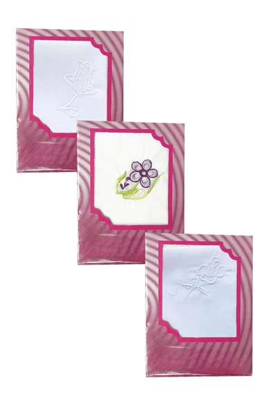 3’lü Özel Paket Premium Kadın İşlemeli Mendil Seti %100 Pamuk 28x28 Cm - 3