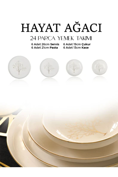 Farika Porselen Hayat Ağacı 24 Parça 6 Kişilik Altın Yaldız Porselen Yemek Takımı - 3