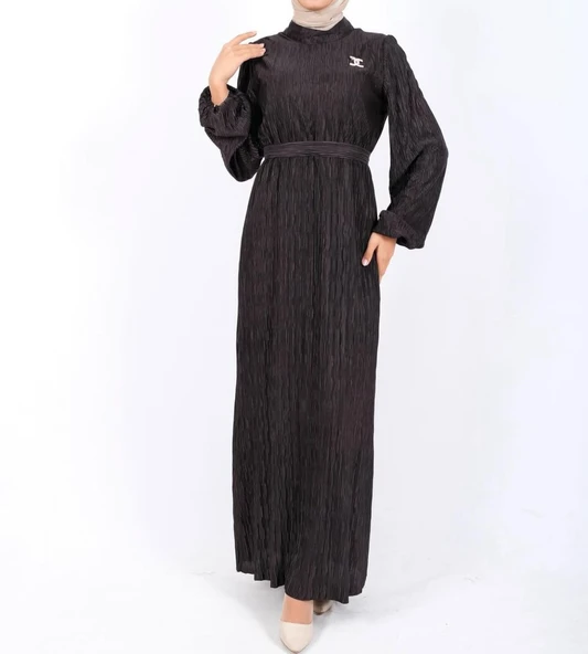 25Y61108 ELBİSE BRONŞLU PİLİSELİ BEL KUŞAKLI - 4