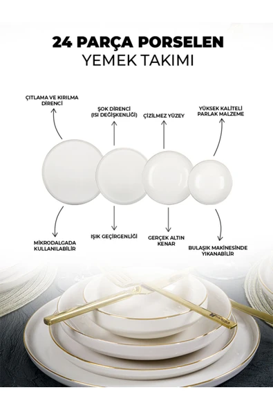 Farika Porselen Zühre 24 Parça 6 Kişilik Altın Yaldız Porselen Yemek Takımı - 3