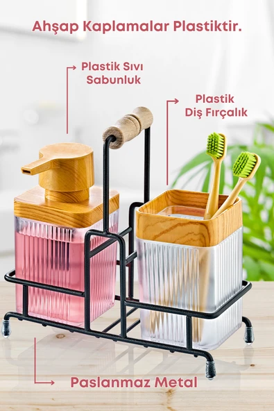 Metal Standlı Ahşap Detaylı Sıvı Sabunluk Fırçalık Seti- Sabunluk Fırçalık Mutfak Seti- Şeffaf - 3